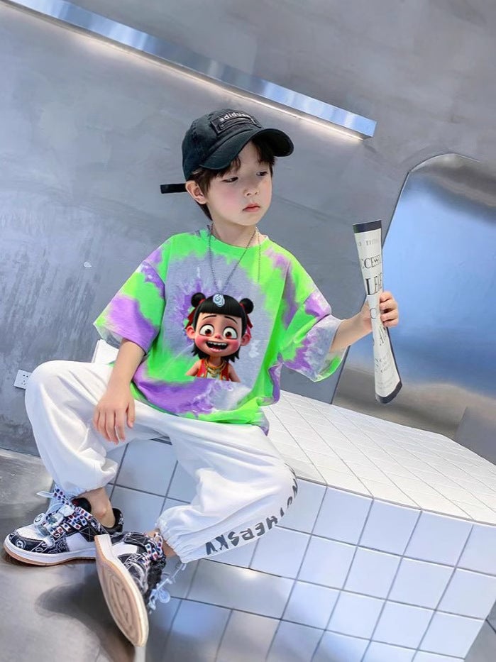 Boys' Short-Sleeved T-Shirt Summer Thin Children'S Tie-Dyed Internet-Famous Pure Cotton Top Big Children'S Summer Fashion T - Image 3