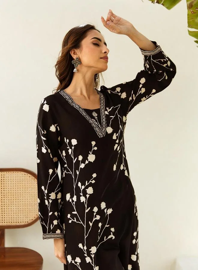ISHIN Women's Black Rayon Printed Tunic Upper Calf Length Palazzo Bottom Straight Fit 2 Peice Kurta Set