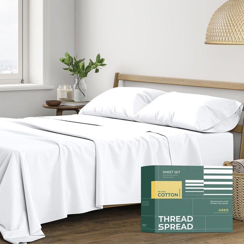 THREAD SPREAD 100% Organic Cotton Sheets - Organic Cotton Percale Weave Sheet Set, Soft, Cooling, Crisp & Breathable, 16" Deep Pocket Hotel Quality Bedding Set - 4 PC, King White - Image 1