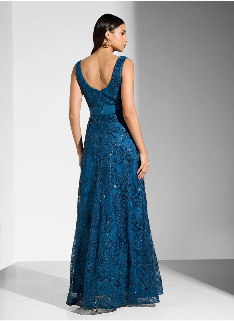 Little Mistress - Embelished Sleeveless V-Neck  Dress - Image 1