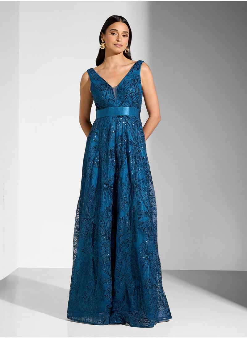 Little Mistress - Embelished Sleeveless V-Neck  Dress - Image 1