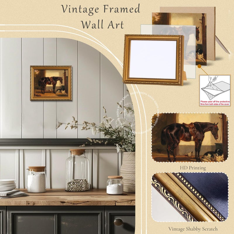 uniro Vintage Gold Framed Wall Art for Home Decor, Farmhouse Wall Decor Horse Canvas Artwork, Antique Animal Farm Poster Equestrian Wall Art for Nursery Wall Decor, Rustic Horse Aesthetic Picture for Bathroom, Living Room, Desktop decor - 8x10Inch - Image 2