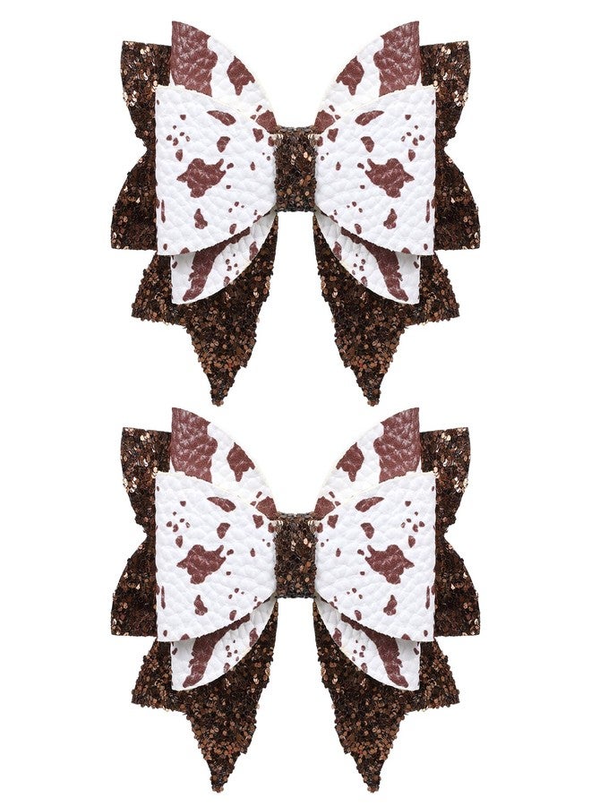 Miroksh 2 Pack 3.5-Inch Glitter Sparkly Brown Cow Hair Bow Clips for Western Cowgirls Cute Moo Cow Alligator Hairpins Barrettes Toddler Teens Women Kids Birthday Party Decorations Gift - Image 1