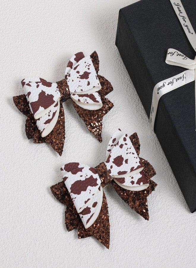 Miroksh 2 Pack 3.5-Inch Glitter Sparkly Brown Cow Hair Bow Clips for Western Cowgirls Cute Moo Cow Alligator Hairpins Barrettes Toddler Teens Women Kids Birthday Party Decorations Gift - Image 2