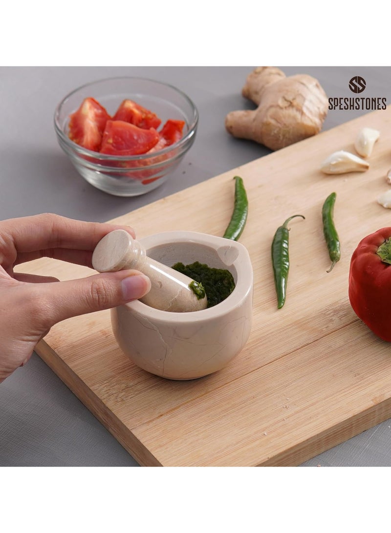 SPESHSTONES Marble Mortar and Pestle Set 3 Inch Verona Small Pill Crusher, Stone Spice Grinder Bowl for Herb, Garlic Crusher, Guacamole, Salsa, Pesto Powder & Kitchen Essentials  - Image 2