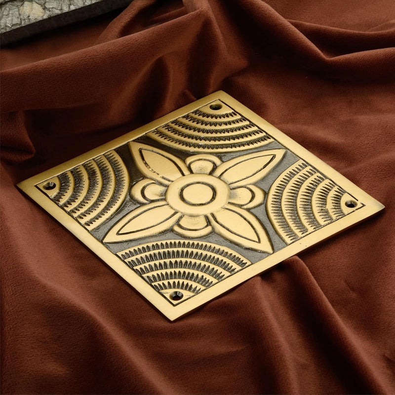 DEVDECOR , Vintage Brass Door Decorative Plate – 6 x 6 Embossed Floral Design Wall or Door Accent Hardware - Image 1