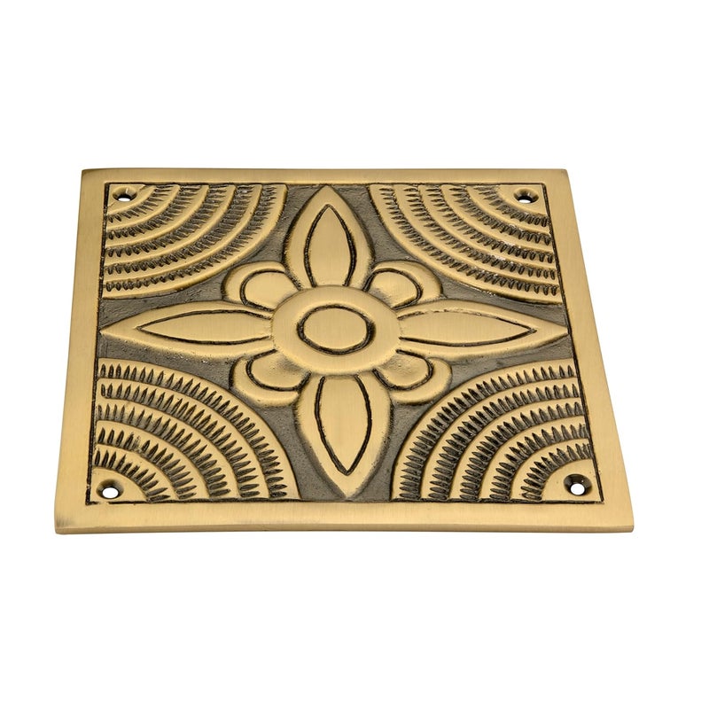 DEVDECOR , Vintage Brass Door Decorative Plate – 6 x 6 Embossed Floral Design Wall or Door Accent Hardware - Image 3
