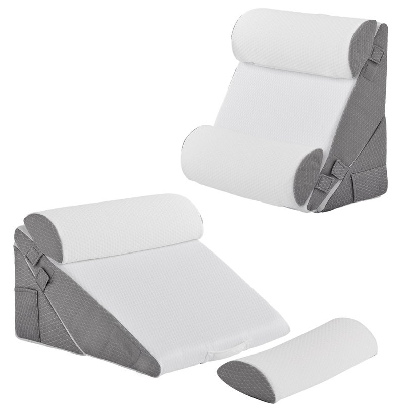 Bedluxe Adjustable 4pcs Bed Wedge Pillow Set Memory Foam Wedge Pillows Post Surgery for Back Neck Leg Pain Relief Pillow Wedge for Sleeping Sitting up in Bed Acid Reflux and GERD WhiteGrey