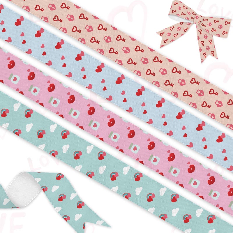 YKW 8 Rolls Valentine'S Day Ribbon Set  3/8"" X 3 Yards Each  Heart Ring Pattern Grosgrain Ribbons For Wedding Gift Wrapping & Diy Crafts - Image 1