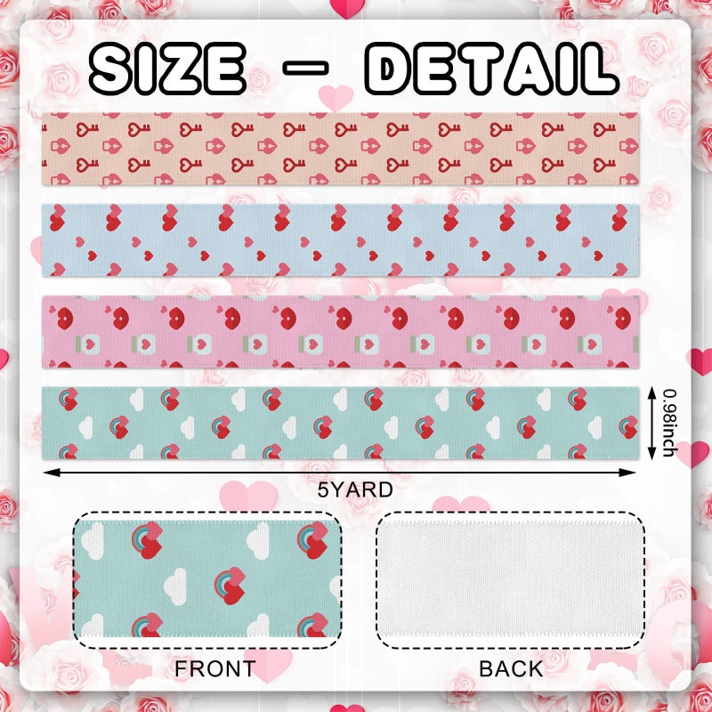 YKW 8 Rolls Valentine'S Day Ribbon Set  3/8"" X 3 Yards Each  Heart Ring Pattern Grosgrain Ribbons For Wedding Gift Wrapping & Diy Crafts - Image 2