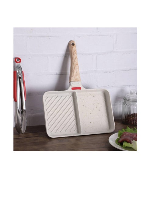 2*1 Granite Grill with White Wooden Handle - New Design for Making Egg Molds, Divided Grill, Non-Stick, High Temperature Resistance B (White)