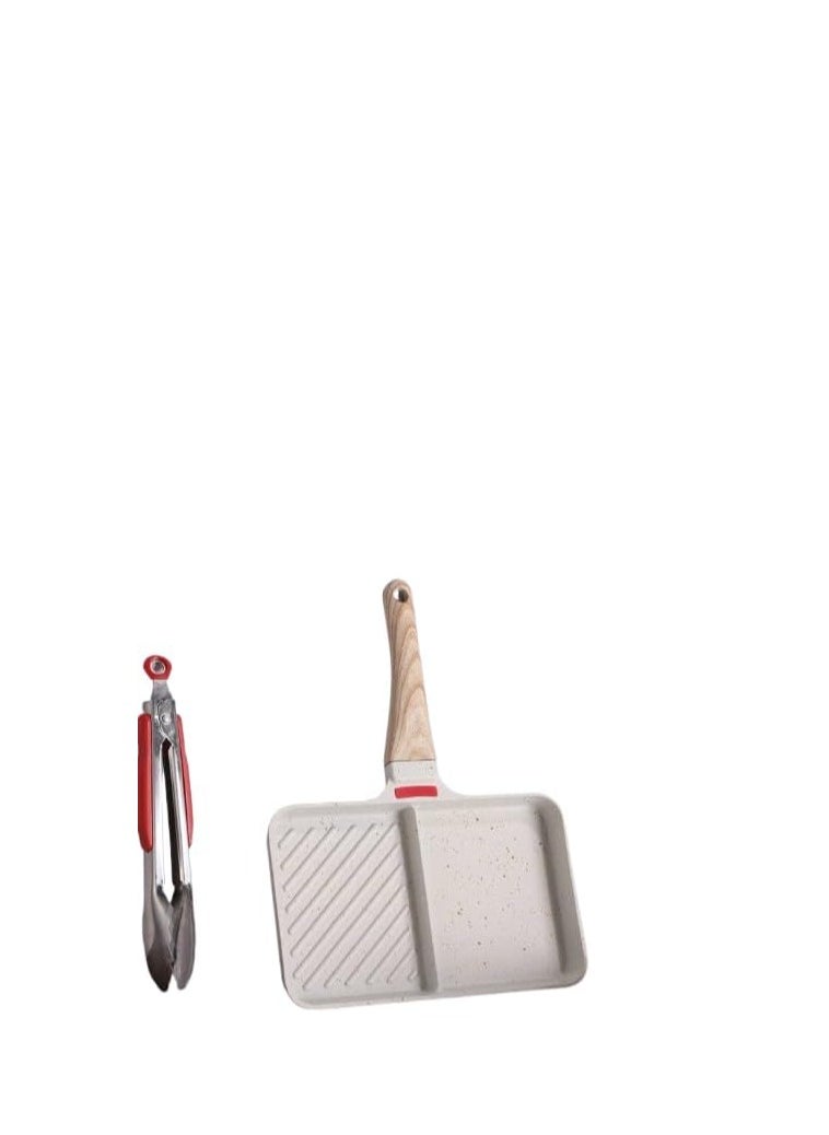 2*1 Granite Grill with White Wooden Handle - New Design for Making Egg Molds, Divided Grill, Non-Stick, High Temperature Resistance B (White)