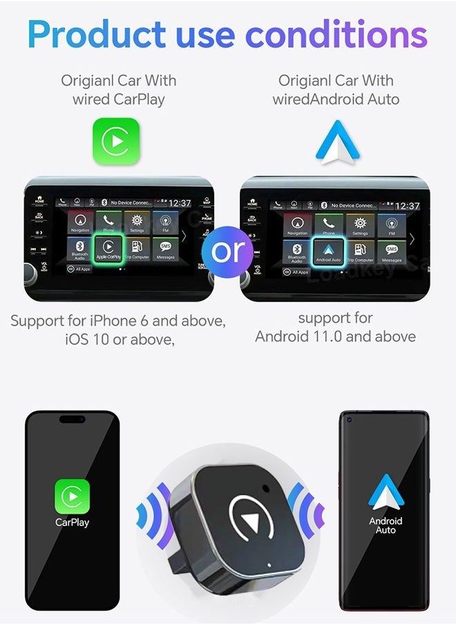 Generic - Mini Wireless Carplay Adapter, Convert Wired to Wireless Car Play & Android Auto 2-in-1 Adapter for Apple iPhone & Android Phone, Plug & Play, Auto Connect, No Delay, w/USB C for iOS 10+ Android 11+ - Image 1
