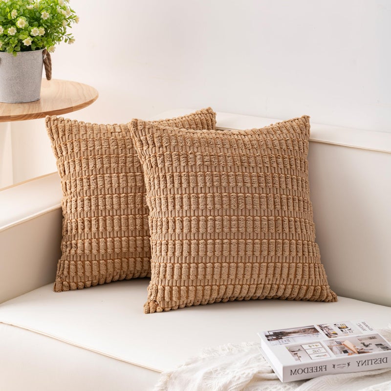 Aegero Pack of 2 Corduroy Decorative Throw Pillow Covers 24x24 InchSoft Striped Pillow Covers Modern Farmhouse Home Decor for Sofa Living Room Couch Bed（Coffee） - Image 1