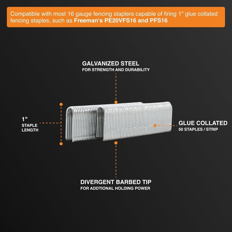 Freeman 16-Gauge 1" Fencing Staples | Glue Collated | Galvanized Steel | 2,000 Count | for Livestock, Horse, Chain Link & Deer Fencing | Compatible with PE20VFS16 and PFS16 | FS16G1 - Image 4