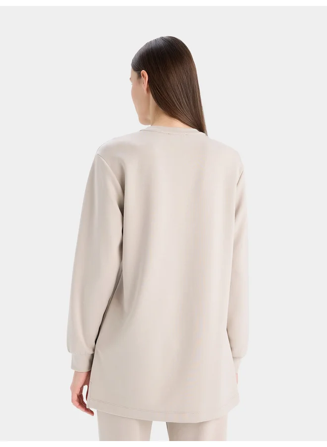 DeFacto DeFacto Beige Solid Long Sleeve Crew Neck T-Shirt