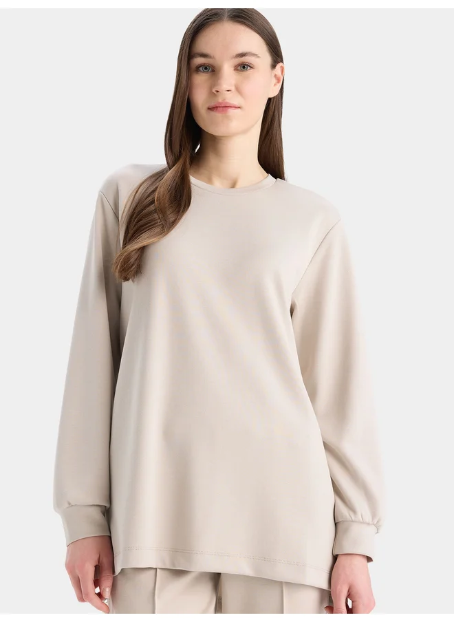 DeFacto DeFacto Beige Solid Long Sleeve Crew Neck T-Shirt