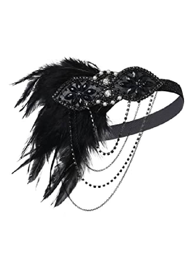 BABEYOND 1920S Flapper Headband 20S Great Gatsby Headpiece Black Feather Headband 1920S Flapper Gatsby Hair Accessories (Black) - Image 2