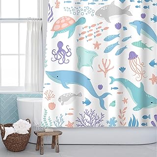 Sunlit Lovely Cartoon Pastel Colors Aquarium Baby Shower Curtain, Ocean Creatures Light Blue Fabric Shower Curtain for - Image 1
