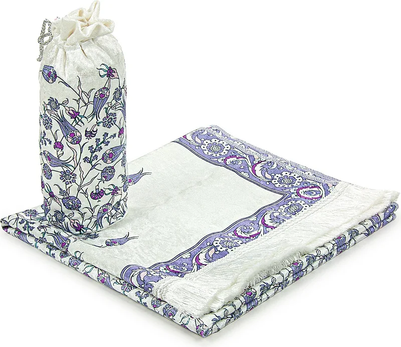 İhvan Online Silk Textured Tulip Embroidered Prayer Rug with Carrying Bag - Purple