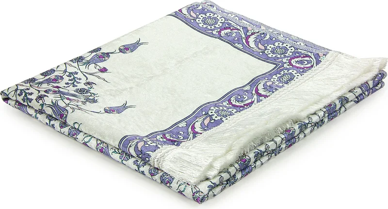 İhvan Online Silk Textured Tulip Embroidered Prayer Rug with Carrying Bag - Purple