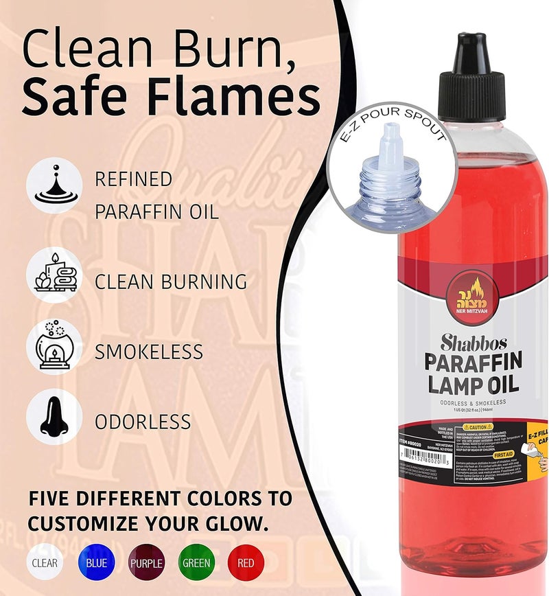 Ner Mitzvah Paraffin Lamp Oil - Red, 32oz - Smokeless, Odorless, Clean Burning Fuel for Indoor and Outdoor Use with E-Z Fill Cap - Image 2