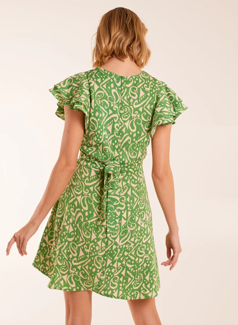 Blue Vanilla Aztec Wrap Ruffle Frill Sleeve Mini Dress