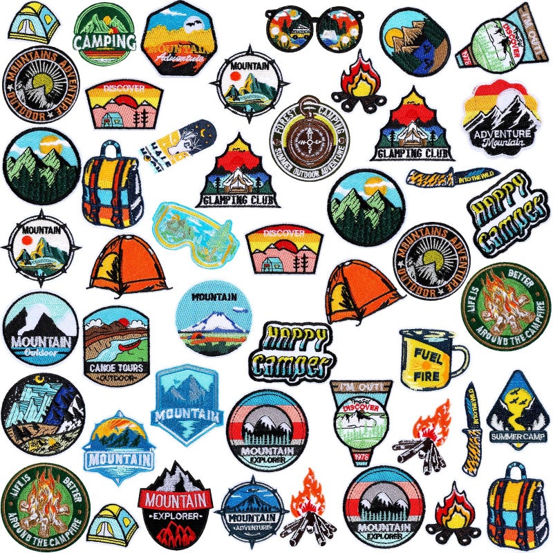 CraftyDream 48 Pcs Camping Iron on Patches Adventure Outdoor Hiking Embroidered Patches Decoration Iron on Motif Applique Decor for DIY Costume Hats Backpack Party Supply (Mountain) - Image 1