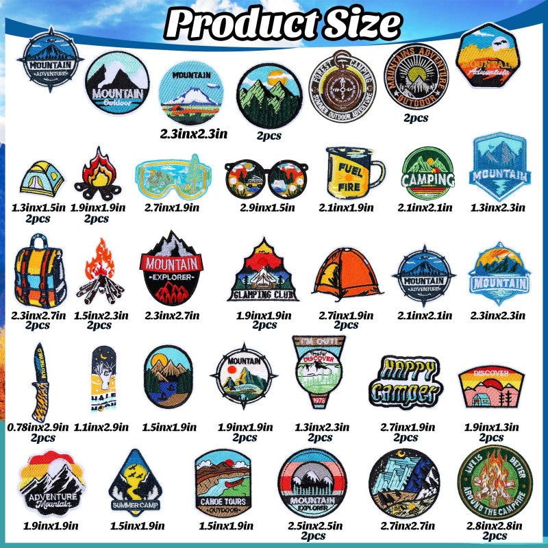 CraftyDream 48 Pcs Camping Iron on Patches Adventure Outdoor Hiking Embroidered Patches Decoration Iron on Motif Applique Decor for DIY Costume Hats Backpack Party Supply (Mountain) - Image 2