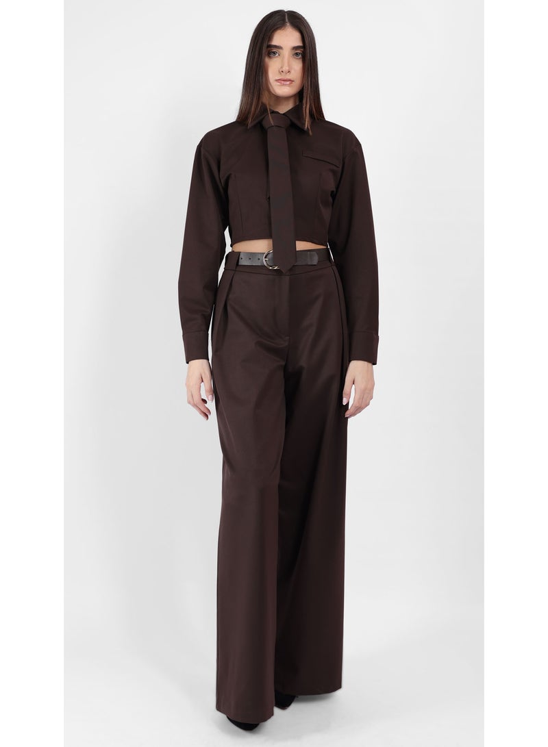 KYVELi Women’s Two-Piece Tailored Set – Cropped Long Sleeve Shirt with Tie & Wide-Leg Pants - Brown - Image 1