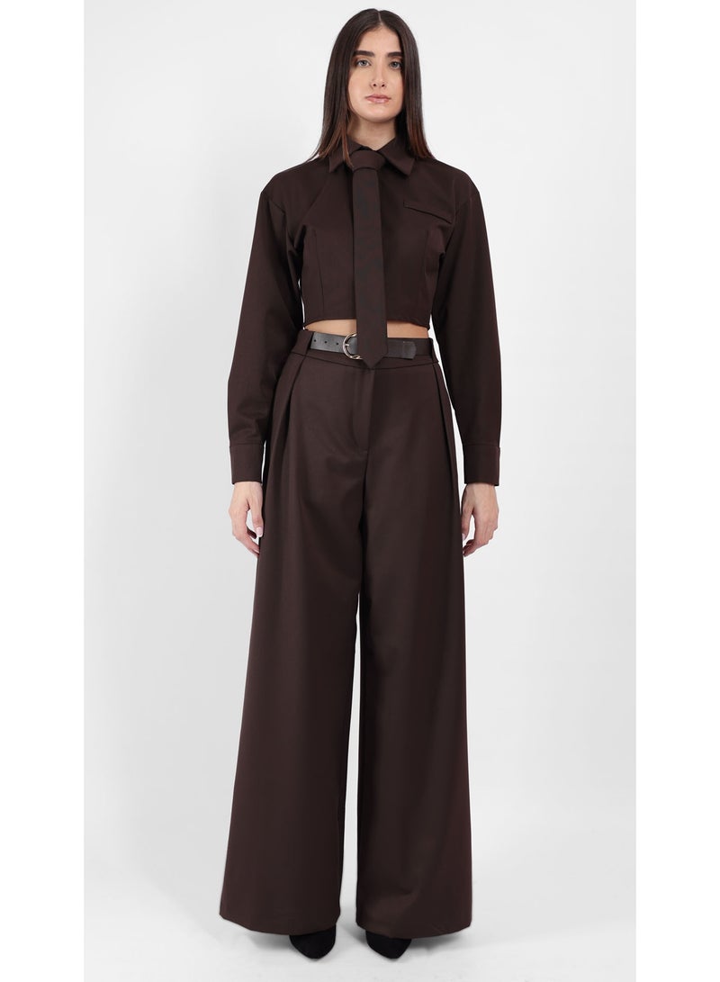 KYVELi Women’s Two-Piece Tailored Set – Cropped Long Sleeve Shirt with Tie & Wide-Leg Pants - Brown - Image 2