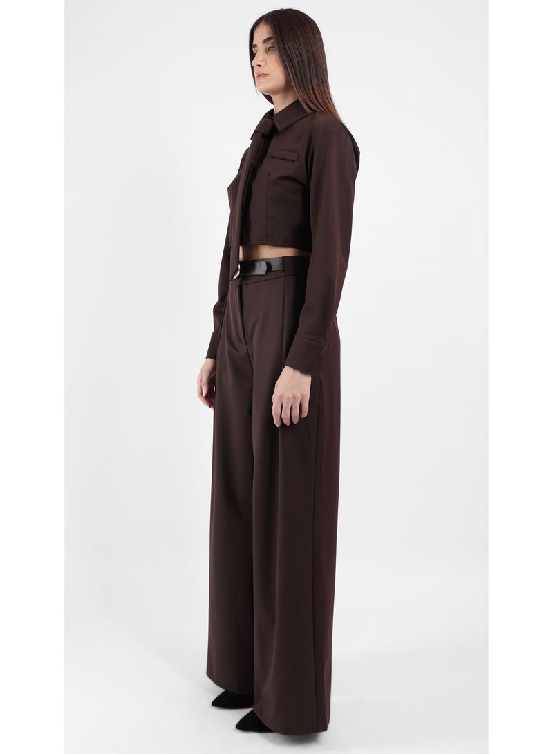 KYVELi Women’s Two-Piece Tailored Set – Cropped Long Sleeve Shirt with Tie & Wide-Leg Pants - Brown - Image 3