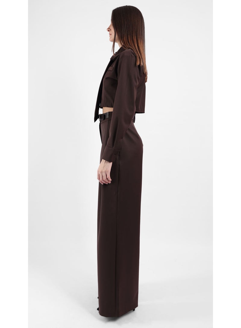 KYVELi Women’s Two-Piece Tailored Set – Cropped Long Sleeve Shirt with Tie & Wide-Leg Pants - Brown - Image 4