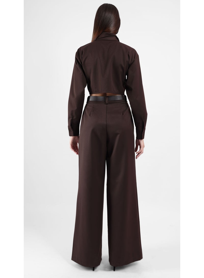 KYVELi Women’s Two-Piece Tailored Set – Cropped Long Sleeve Shirt with Tie & Wide-Leg Pants - Brown - Image 5