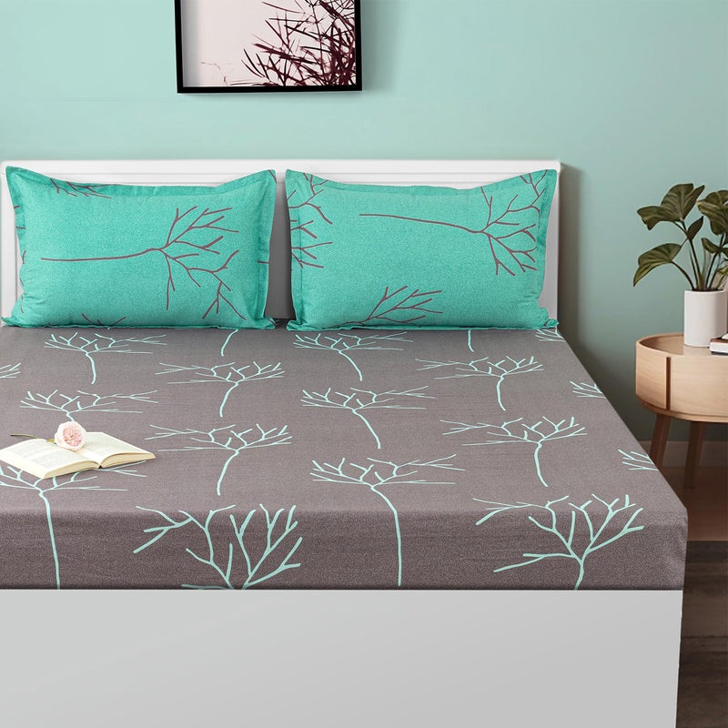 Swayam Ananda Collection Premium Cotton 200 TC Abstract Print Cotton Fitted Double Bed Sheet with 2 Pillow Cover - Grey - Image 1