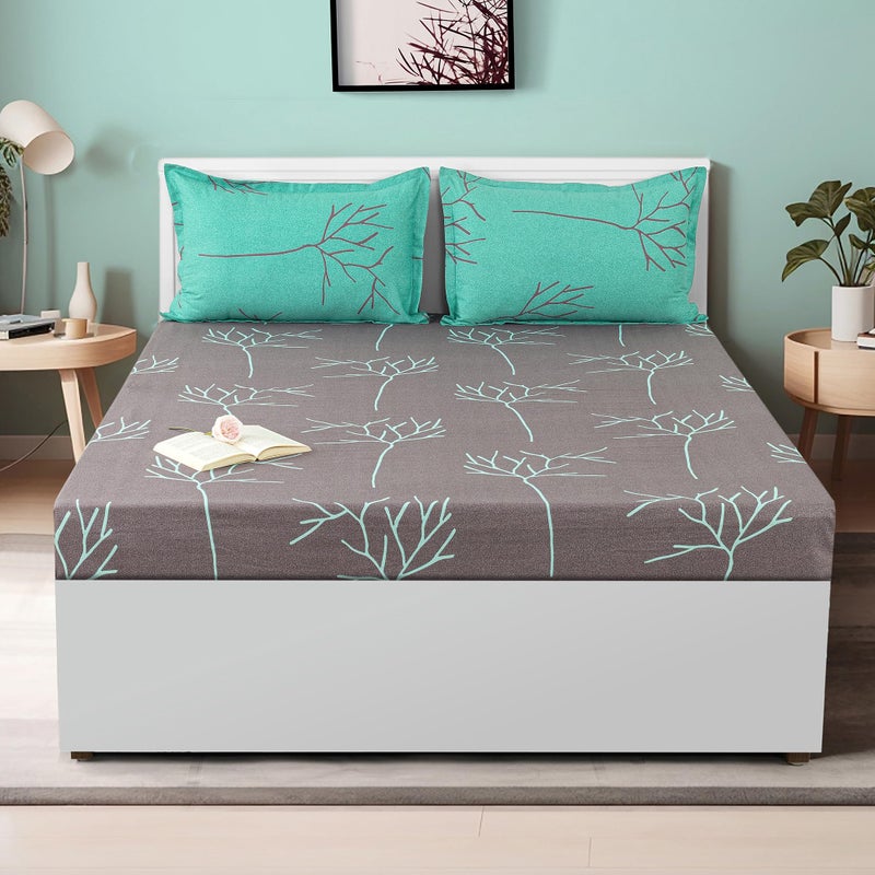 Swayam Ananda Collection Premium Cotton 200 TC Abstract Print Cotton Fitted Double Bed Sheet with 2 Pillow Cover - Grey - Image 3