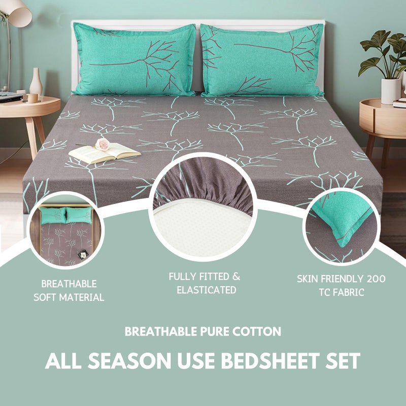 Swayam Ananda Collection Premium Cotton 200 TC Abstract Print Cotton Fitted Double Bed Sheet with 2 Pillow Cover - Grey - Image 4