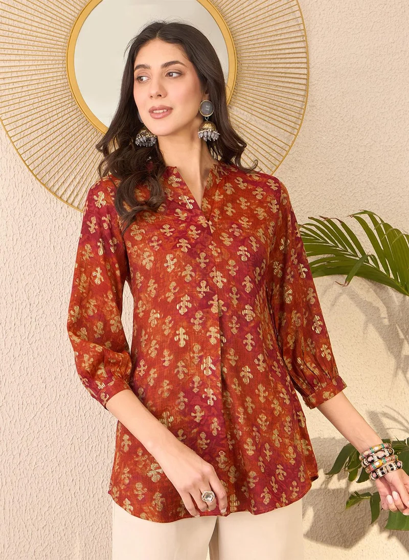 زيري سوق Orange Cotton Blend Ethnic Motifs Printed Tunic Only