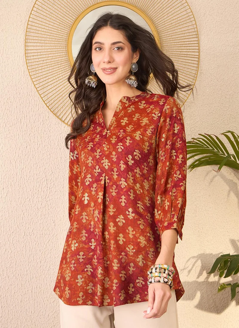 زيري سوق Orange Cotton Blend Ethnic Motifs Printed Tunic Only