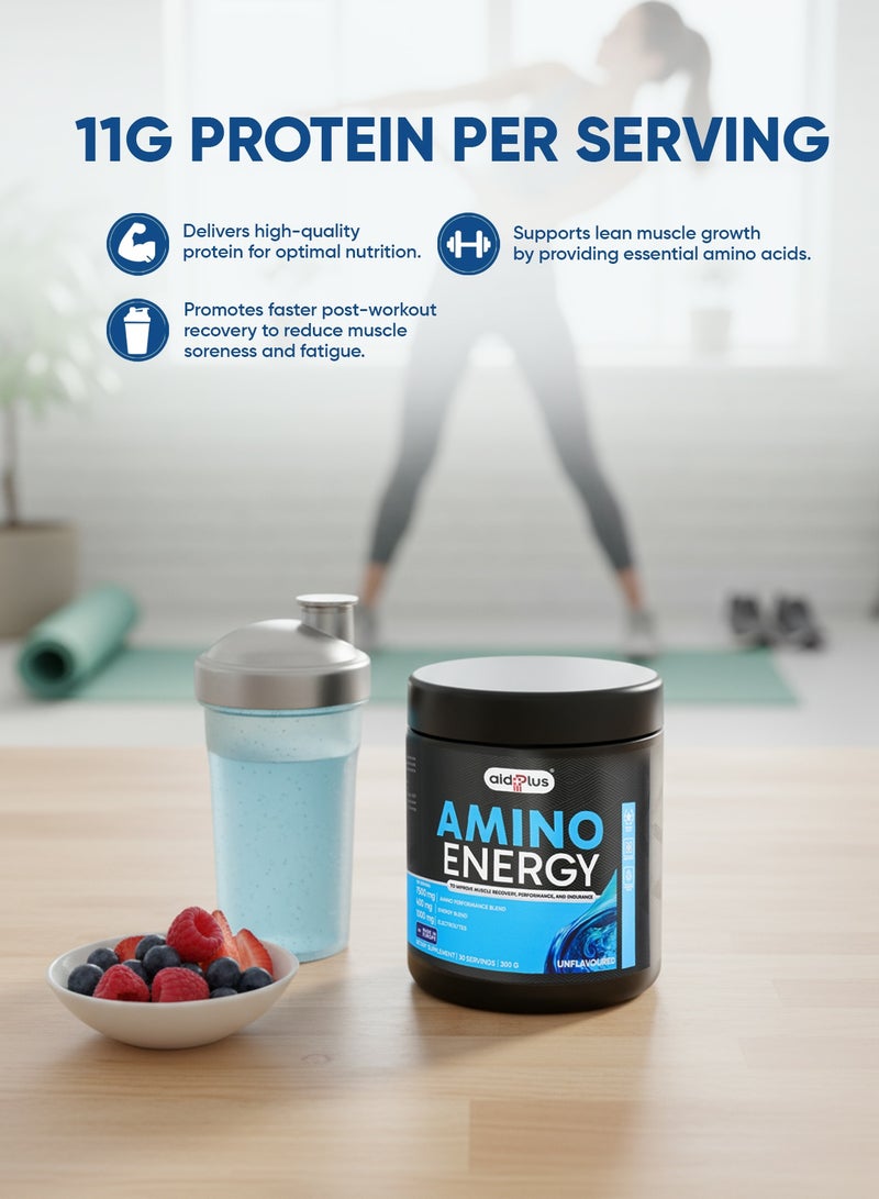 AID PLUS Amino Energy Natural Powder, 300g | 11g Protein Per Serving | With Electrolytes, Caffeine, and Amino Blend – Muscle Recovery & Energy Support - Image 4