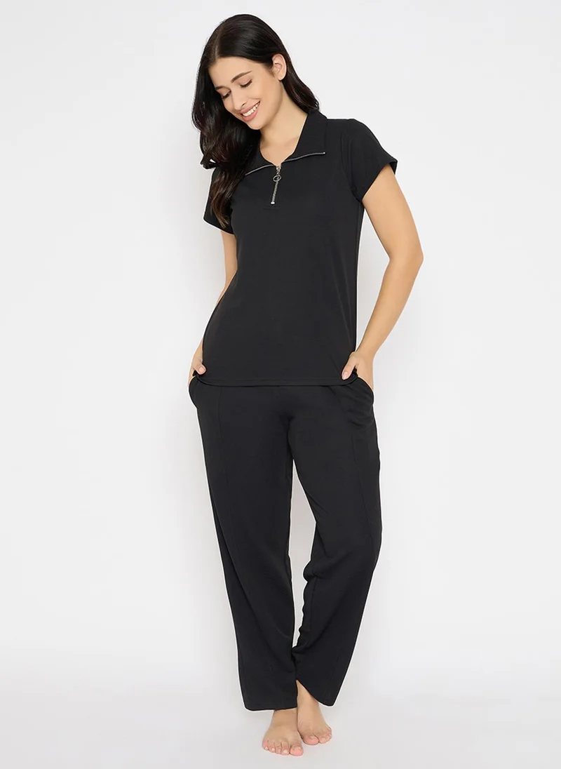 كلوفيا Clovia Chic Basic T-shirt & Pyjama Set in Black - Waffle