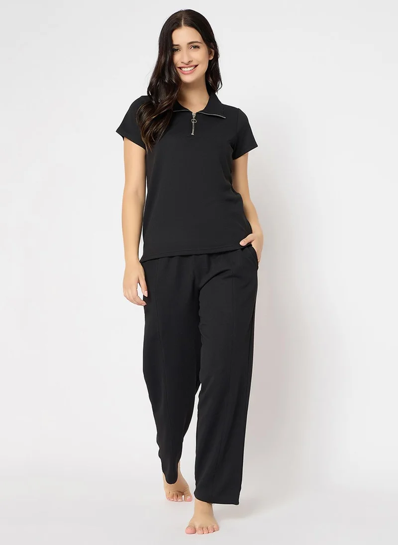 كلوفيا Clovia Chic Basic T-shirt & Pyjama Set in Black - Waffle