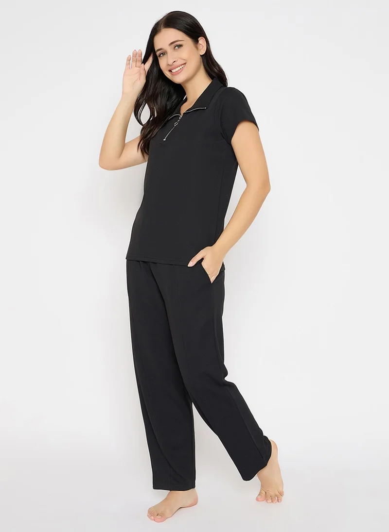 كلوفيا Clovia Chic Basic T-shirt & Pyjama Set in Black - Waffle