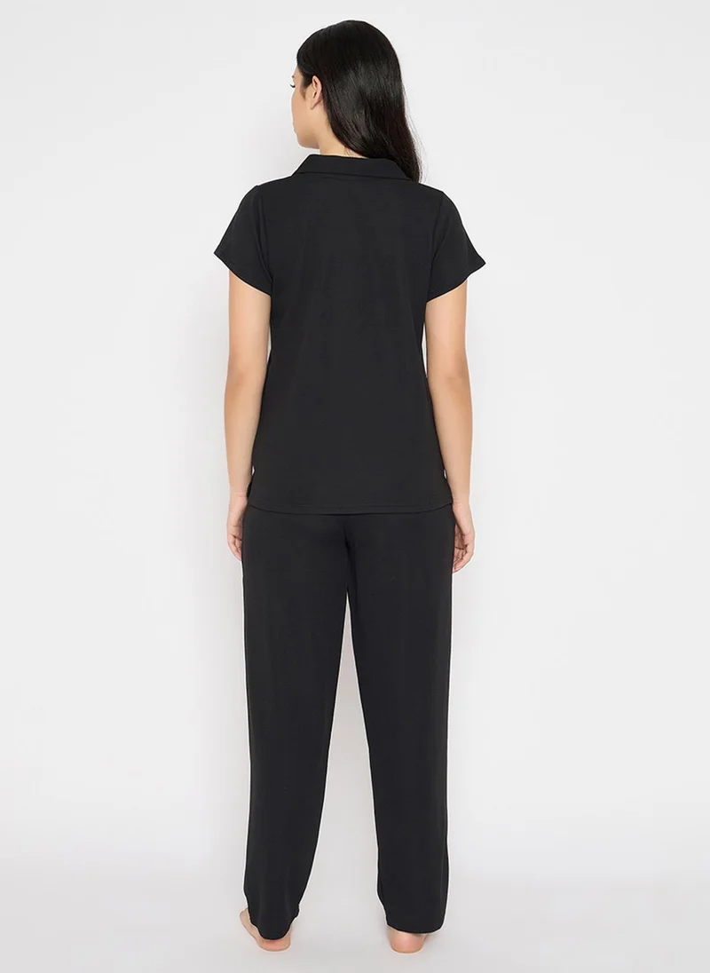 كلوفيا Clovia Chic Basic T-shirt & Pyjama Set in Black - Waffle