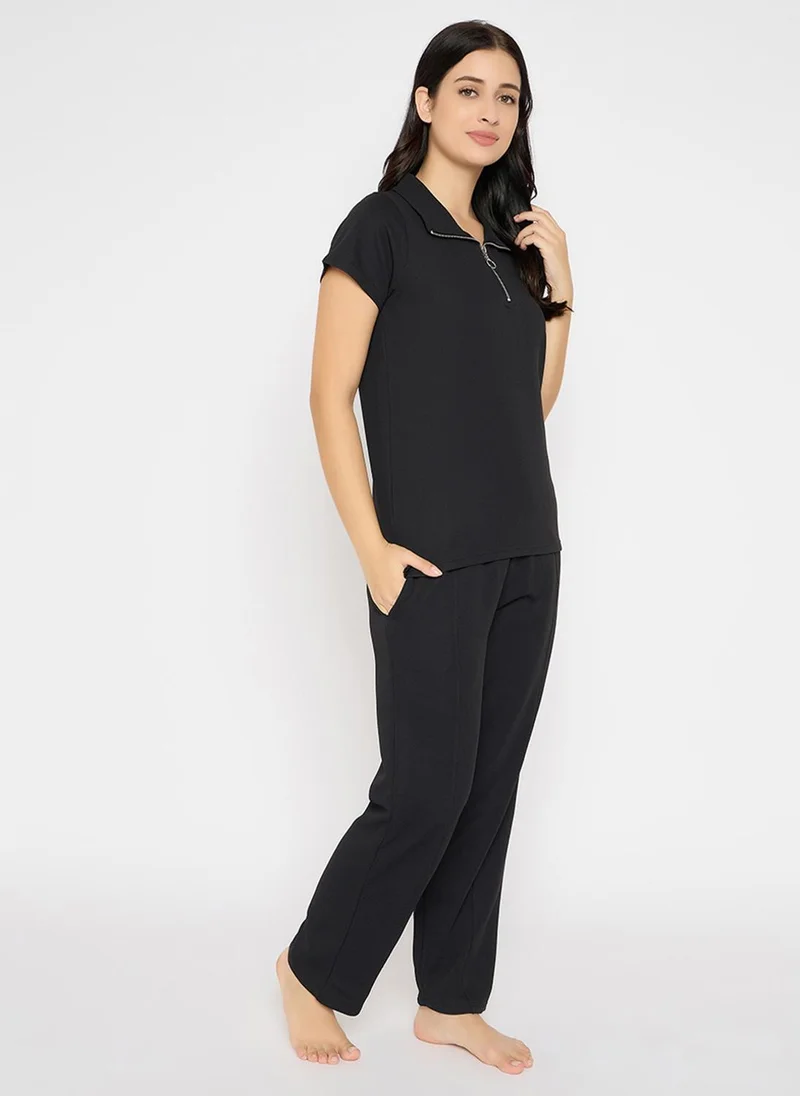 كلوفيا Clovia Chic Basic T-shirt & Pyjama Set in Black - Waffle