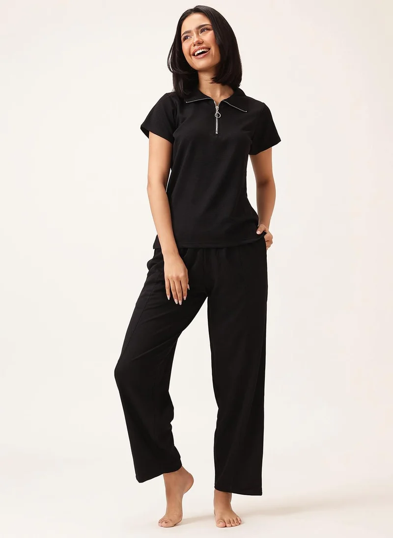 كلوفيا Clovia Chic Basic T-shirt & Pyjama Set in Black - Waffle