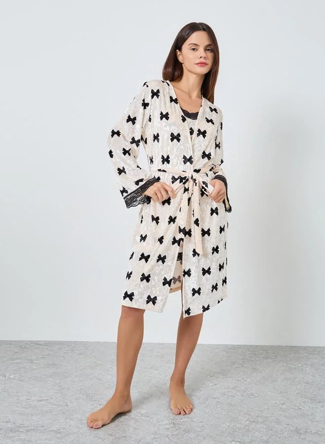 Styli Styli All-Over Bow Print Contrast Lace Velvet Slip Dress with Robe