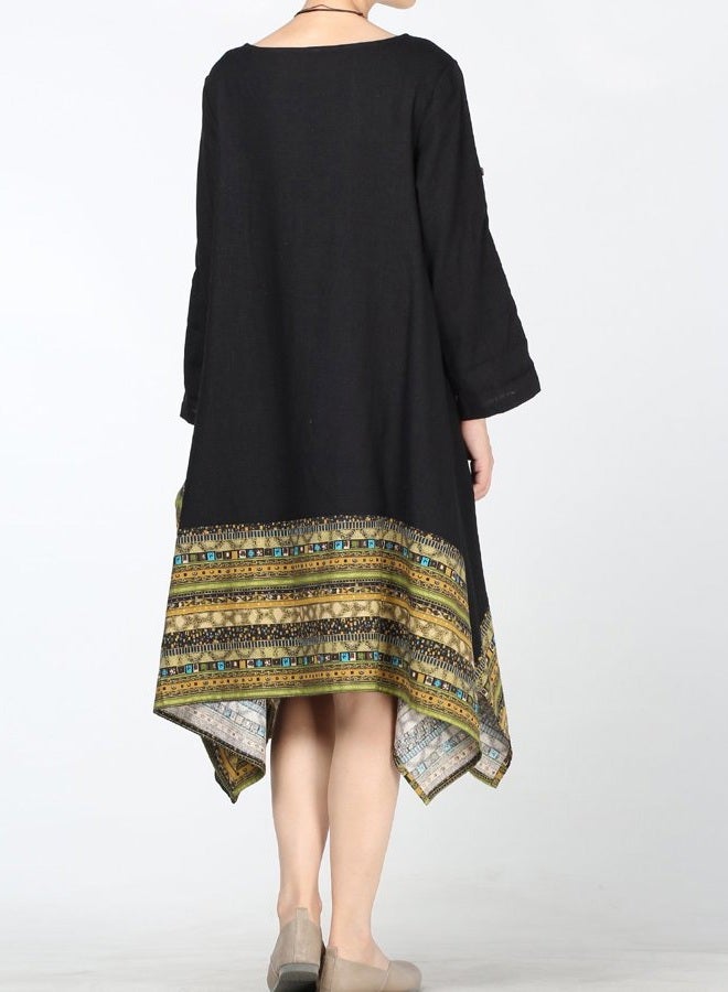Minibee Women's Ethnic Cotton Linen Short/Long Sleeves Irregular Dress, Z-long Sleeve-black, M - Image 3