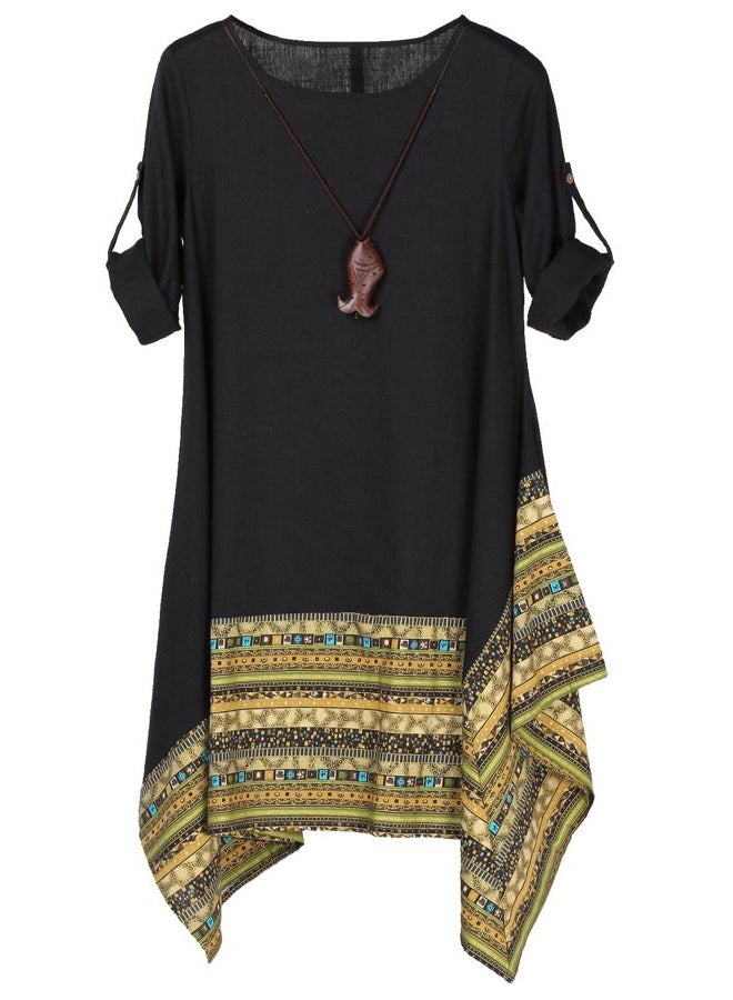 Minibee Women's Ethnic Cotton Linen Short/Long Sleeves Irregular Dress, Z-long Sleeve-black, M - Image 1