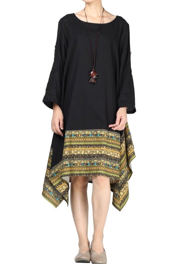 Minibee Women's Ethnic Cotton Linen Short/Long Sleeves Irregular Dress, Z-long Sleeve-black, M - Image 2